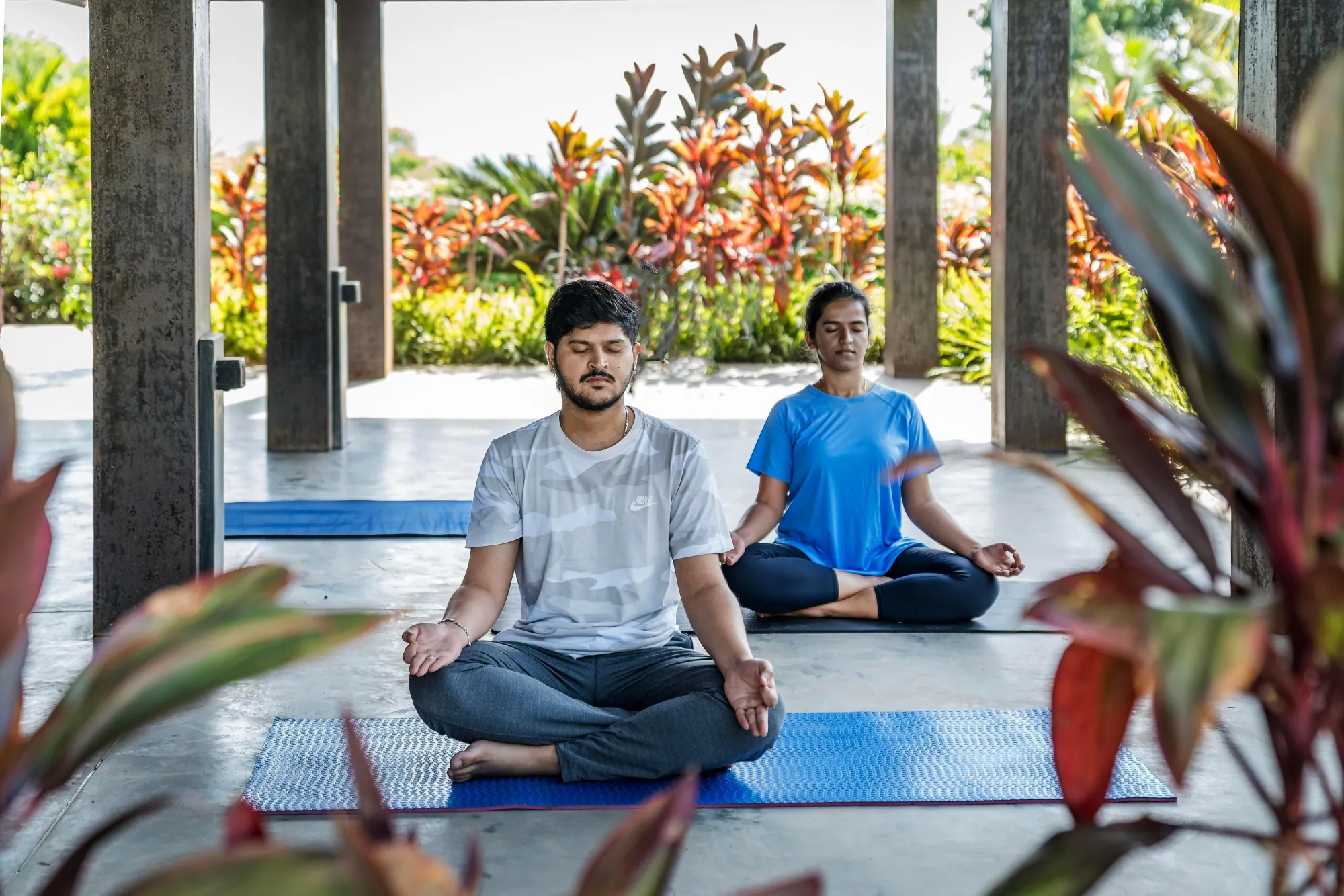 Morning yoga on the lawn at Satori, lake in the distance