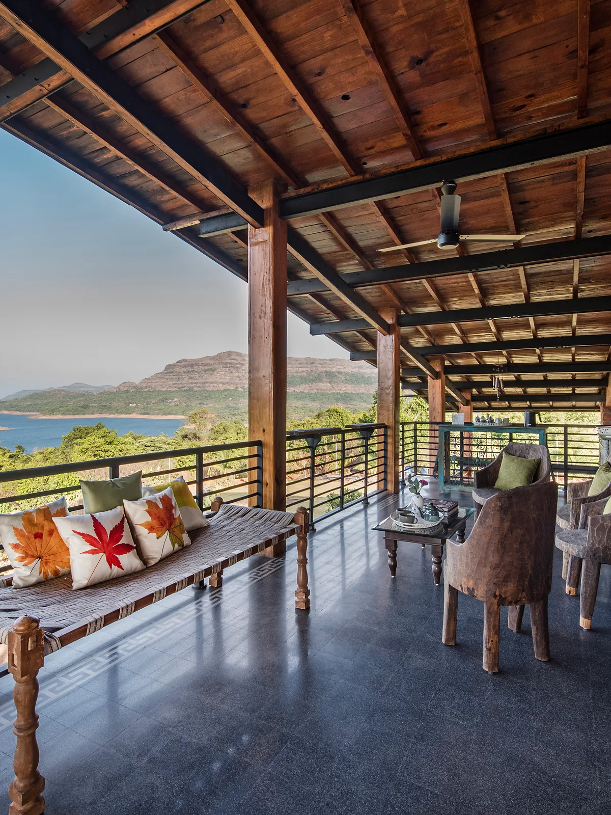 Verandah overlooking Mulshi Lake and the Sahyadris at Satori